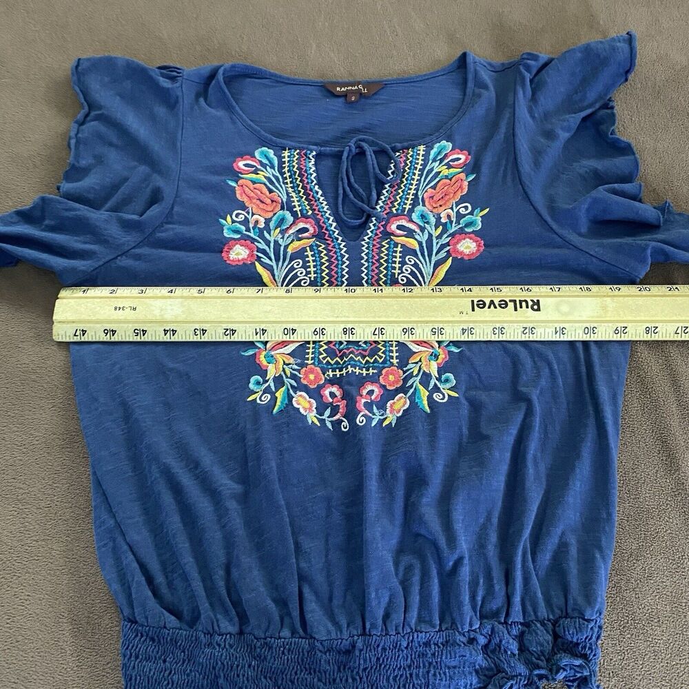 Anthro Ranna Gill Enesta Sz S Tie Frnt Blue Colorful Embroidery Long Flutter Slv - Picture 9 of 10